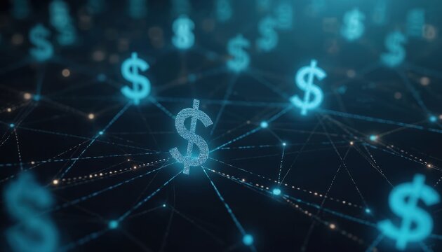 Digital dollar network with glowing symbols connected by lines. Abstract financial data flow concept. Modern cyberspace for global money exchange. Futuristic blockchain technology. - Powered by Adobe