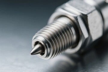 Close-up of a metallic threaded mechanical component with a pointed tip and hexagonal nut