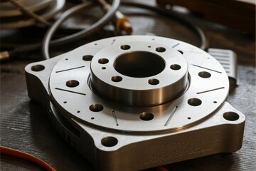 Close-up of a precision-engineered metal mechanical component with circular holes and central bore, placed on a workbench.