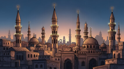 Stylized cartoon cityscape of illuminated mosque minarets and domes at sunset, concept for Islamic celebration , travel brochure and religious background