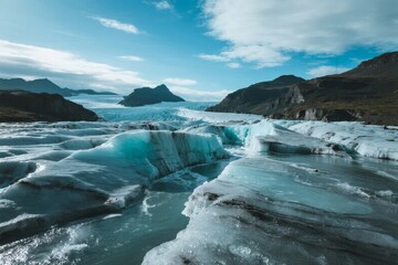 Glacial landscape with turquoise ice formations and mountainous terrain under a partly cloudy sky