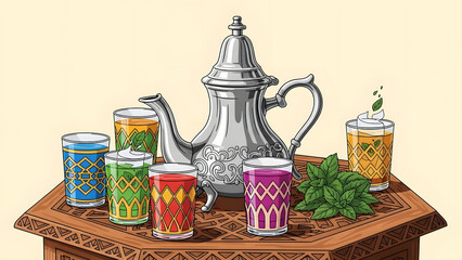 Colorful Moroccan mint tea glasses with traditional silver teapot on carved wooden table, concept for beverage menu illustration, cultural celebration design and hospitality promotion