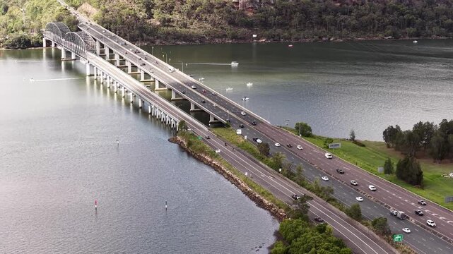 Motorway bridges crossin Hawkesbury river at Broken Bay in Australia &ndash; aerial view.