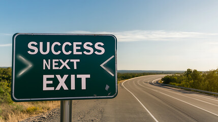 Roadside sign directs to 'Success Next Exit' with arrows pointing in opposite directions, under a clear sky, next to a winding road. Motivational and directional guidance concept.