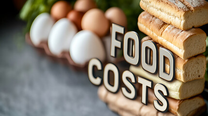 A rustic display of fresh produce, with eggs, greens, and bread. The words 'Food Costs' are overlaid, highlighting concerns of grocery prices. Food cost considerations are key.