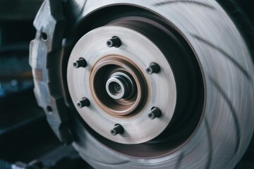 Close-up of a spinning car brake disc and caliper assembly in motion