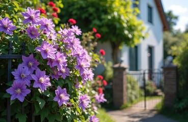 Purple clematis flowers bloom on metal fence in front of white house. Red roses visible behind climbing plant. Green foliage, trees create vibrant garden scene. Pathway leads to gate. Sunlight