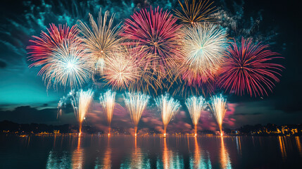Large bright fireworks display in various colors above a river on transparent background