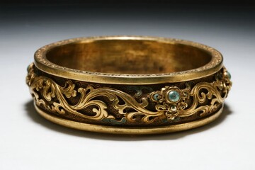 Ornate gold bangle with intricate floral engraving and turquoise inlay