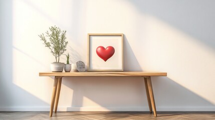 A minimalist console table with a single red heart ornament and a framed photo.