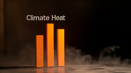Depicts a bar graph with increasing values, signifying a rise in climate heat, symbolizing global warming, with smoke at the base implying the hazardous effects.