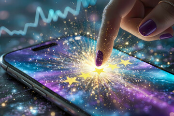 Close-up of a side view of a hand interacting with a glowing digital rating interface. A cosmic purple background with light trails and a stock market line chart.