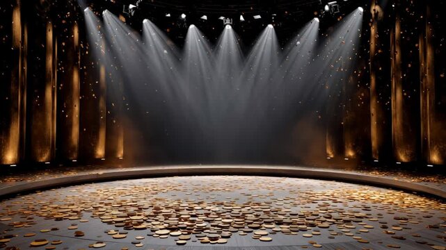 A stage with a spotlight on it and a pile of gold coins on the floor. Scene is one of wealth and luxury