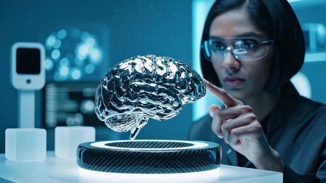 Woman scientist examines holographic brain model floating above device in futuristic laboratory. Researcher studies digital brain hologram with AI technology. Woman analyzes brain visualization in res