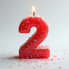 Red number 2 candle burns with glitter texture. Festive decoration for a birthday cake. Celebrate special event or anniversary with this bright fire element. Number two celebration.