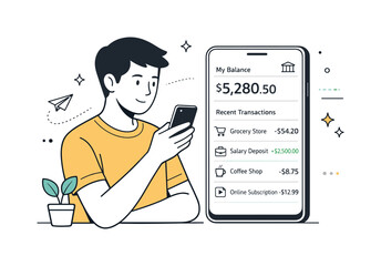 Seamless Mobile Banking. Mobile banking experience. A user reviewing balance and recent transactions on a clean app interface. Focused interaction and trust in