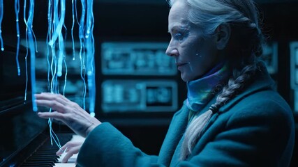 Senior woman touches holographic display. She touches glowing hologram and touchscreen interface. Futuristic technology surrounds her in control room. ai display shows flowing data. She nods slowly. - Powered by Adobe