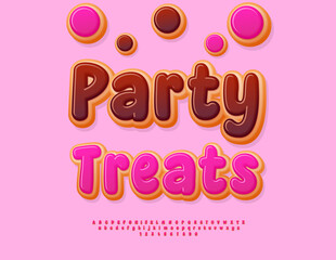 Fototapeta premium Vector Holiday template Party Treats. Cute Pink Glazed Font. Sweet Cake Alphabet Letters and Numbers set.