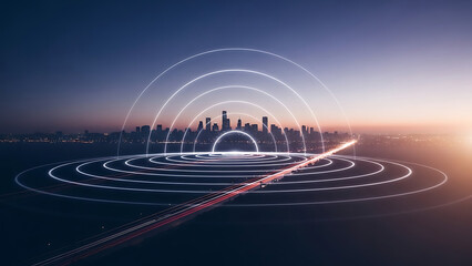 Cityscape Network: A modern cityscape enveloped in an intricate network of interconnected signals, representing the digital transformation and innovation.