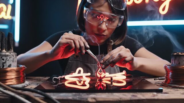 Woman crafts glowing neon jewelry with pliers at workbench. Artisan shapes hot glass jewelry with tools at workshop. Woman creates neon jewelry with glowing red wire at workbench. Jewelry making.
