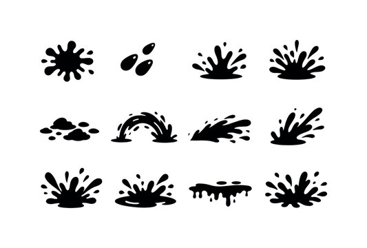 Mud Splash Icons. Mud Splash. Solid icon set of Mud Splash: mud splatter, flying mud droplets, splash impact, mud burst, scattered mud, splash arc, mud spray,