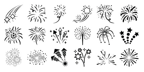 Collection of black line fireworks and shooting stars white celebration explosion