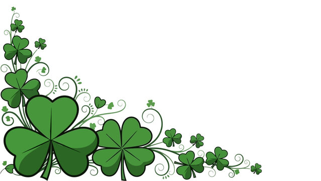 A decorative corner design featuring vibrant green shamrocks and swirling vines, perfect for St. Patrick's Day or Irish-themed celebrations.