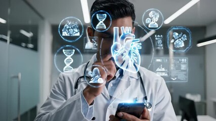 Doctor uses tablet with holographic heart display in hospital. Physician analyzes medical data on digital device. Doctor views heart hologram on tablet. Medical technology in hospital corridor. - Powered by Adobe