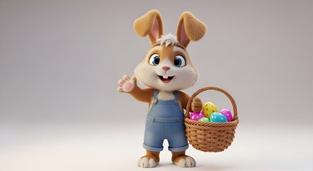 A cheerful cartoon rabbit in overalls holds a basket of colorful Easter eggs.
