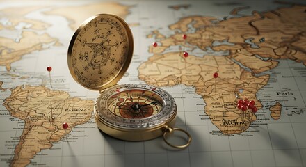 A vintage brass compass lies open on a world map with several red pins marking various locations.