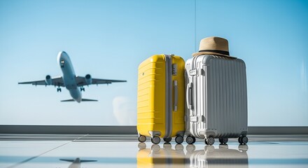 Luggage awaits departure at airport with plane taking off