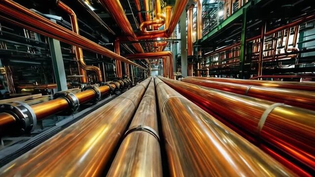 Pipes and machinery in a large industrial facility showing copper pipelines during daylight hours