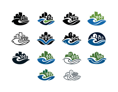 Urban Farming Logos. urban farming riptides. Icon set. Set Logo of urban farming riptides: wave-powered irrigation. harmonious logo variations of the same