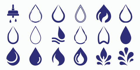 Collection of blue water drop and shower symbol