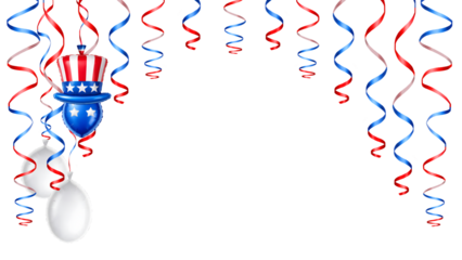 American Patriotic Balloon Composition with Red White Blue Streamers for Holiday Banner Isolated on Transparent Background