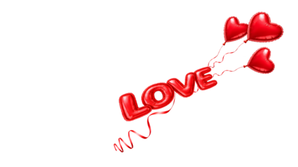 Red LOVE balloon word with flying heart balloons and ribbons isolated on transparent background, romantic diagonal banner for Valentine’s Day and wedding