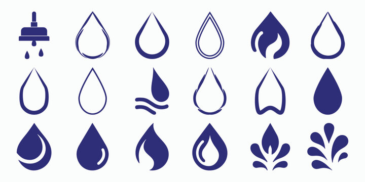 Collection of blue water drop and shower symbol