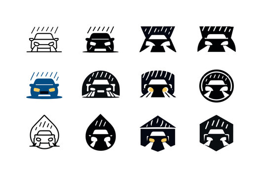 Rainy Day Logos. Rainy Day. Icon set. Set Logo of Rainy Day: car with headlights in rain. harmonious logo variations of the same emblematic concept, each with