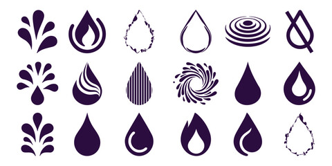Collection of dark purple water drop and splash