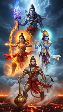 A divine assembly of powerful hindu deities including shiva, rama, krishna, and hanuman