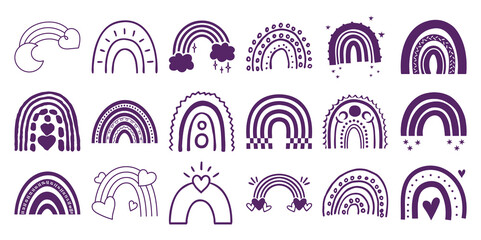 Collection of hand drawn purple rainbow doodles with hearts stars and clouds