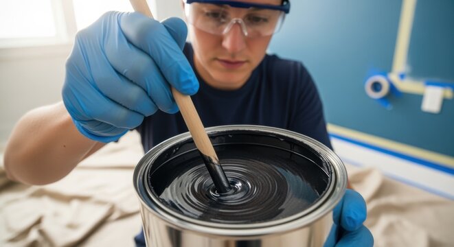 DIY enthusiast carefully mixing magnetic paint before application emphasizing the preparation stage of accent wall project.