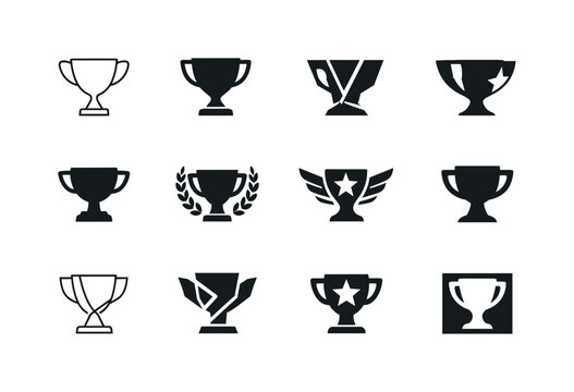 Winning Trophy Logos. winning. Icon set. Set Logo of winning: trophy cup. harmonious logo variations of the same emblematic concept, each with different
