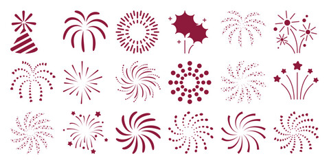 Collection of maroon fireworks and party hat white celebration