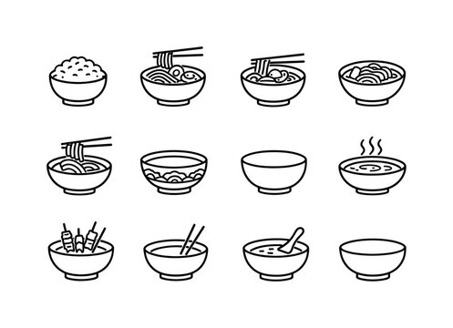 Asian Bowl Icons. Asian Bowl. Line icon set of Asian Bowl: rice bowl, ramen bowl, pho bowl, noodle soup bowl, chopsticks bowl, Asian ceramic bowl, traditional