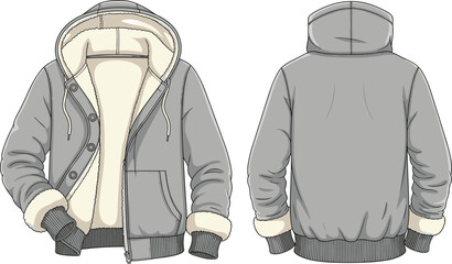 Mens fleece lined hooded jacket cad drawing, winter zip up coat front back view, clothing flat vector illustration fashion design © MstRokshana