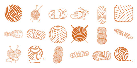 Collection of orange outline yarn balls and knitting needles white wool