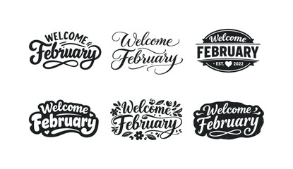 February Lettering Styles. Welcome February. Set lettering. harmonious lettering variations of the same emblematic concept, each with different artistic