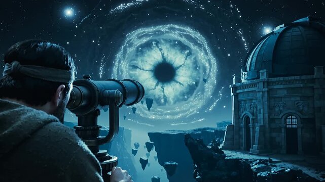 Ancient alien observatory astronomer witnessing stars form a giant eye as the sky folds inward, creeping zoom cosmic horror with impossible geometry and low frequency rumble