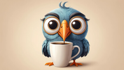 A sleepy anthropomorphic bird holding a coffee cup.